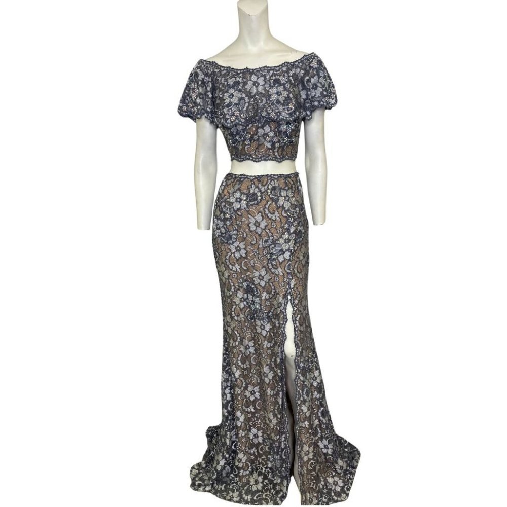Jovani Floral Lace Two Piece High Leg Slit Gown Silver Grey Size 6 NWT